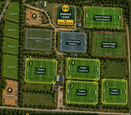 Mapa ilustrado e interactivo del Predio Ceibos con canchas de rugby, hockey y fútbol